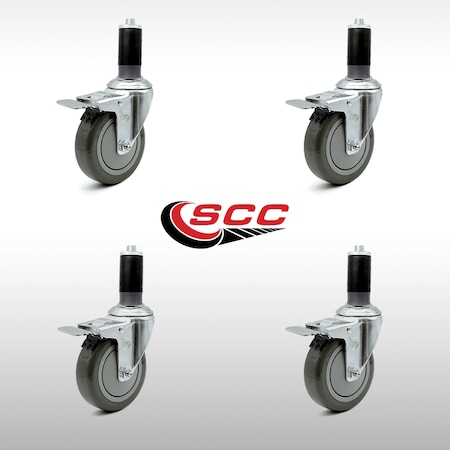 4 Inch SS Gray Poly 1-1/2 Inch Expanding Stem Caster Set Total Lock Brake SCC